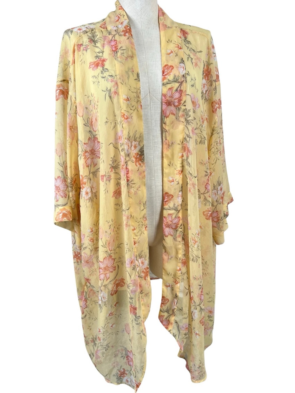 American Eagle Boho Pastel Floral Long Kimono Duster Flowy Lightweight Yellow